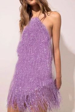 Solid Color Smart Halter Collar Tassel Mini Dress