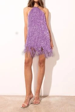 Solid Color Smart Halter Collar Tassel Mini Dress -Clothing-PrettyTina H23042416 PU 3