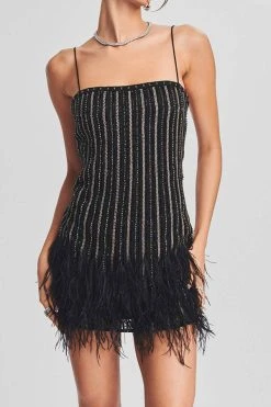 Rhinestone Patchwork Striking Feather Trim Mini Dress