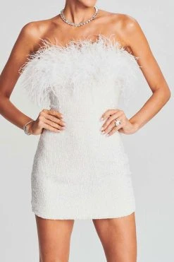 Sequined Romantic Feather Design Mini Dress -Clothing-PrettyTina H23042457 WH 1