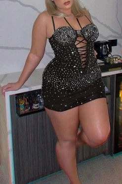 Rhinestone Feminine Strappy Mini Dress -Clothing-PrettyTina H23042459 BK 4