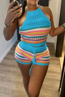 Rainbow Striped On-trend Knitted Pant Suit -Clothing-PrettyTina H23042461 BL 1