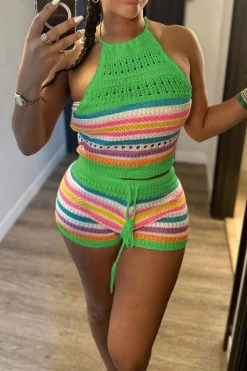 Rainbow Striped On-trend Knitted Pant Suit -Clothing-PrettyTina H23042461 GR 1