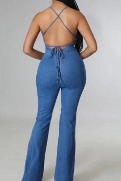Solid Color Urban Strappy Back Denim Jumpsuit -Clothing-PrettyTina H23042495 BL 4