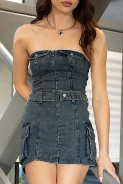 Solid Color Hot Multi Pocket Belted Denim Mini Dress -Clothing-PrettyTina H23042772 BL 3