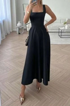 Solid Color Simple Swing Pleated Midi Dress -Clothing-PrettyTina H23050496 BK 1
