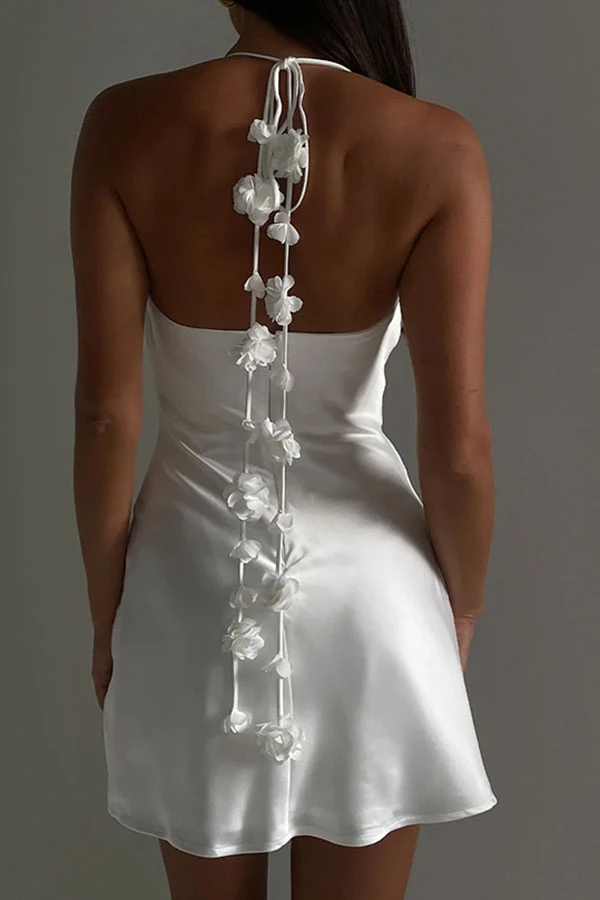 3D Flower Decor Elegant Halter Collar Mini Dress 1 3D Flower Decor Elegant Halter Collar Mini Dress