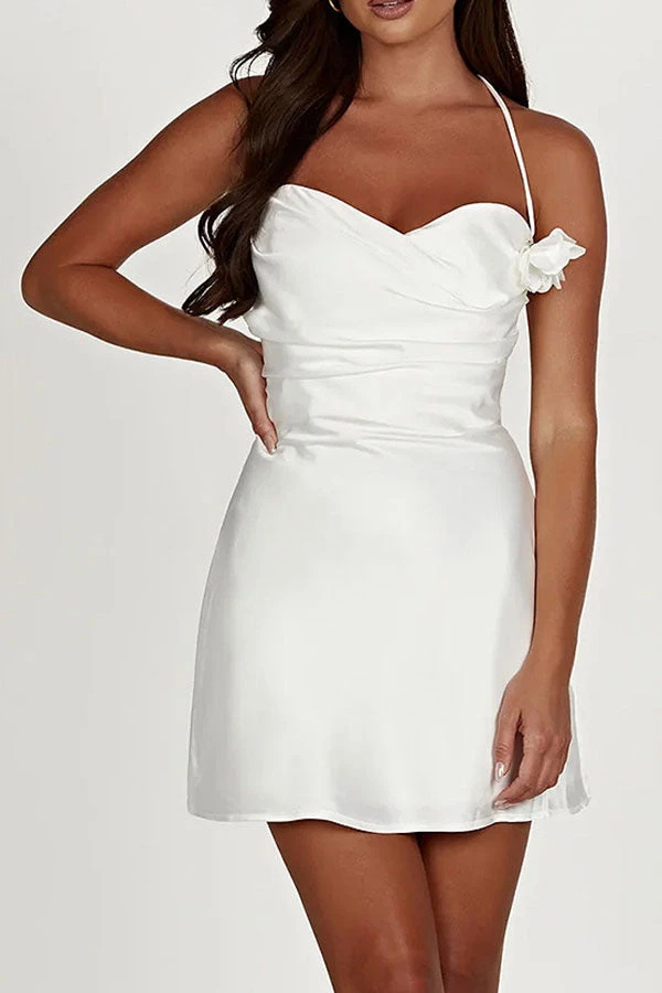 3D Flower Decor Elegant Halter Collar Mini Dress 2 3D Flower Decor Elegant Halter Collar Mini Dress - Image 2