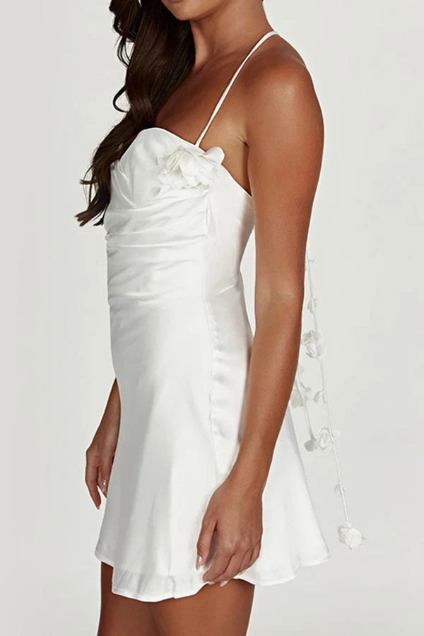 3D Flower Decor Elegant Halter Collar Mini Dress 4 3D Flower Decor Elegant Halter Collar Mini Dress - Image 4