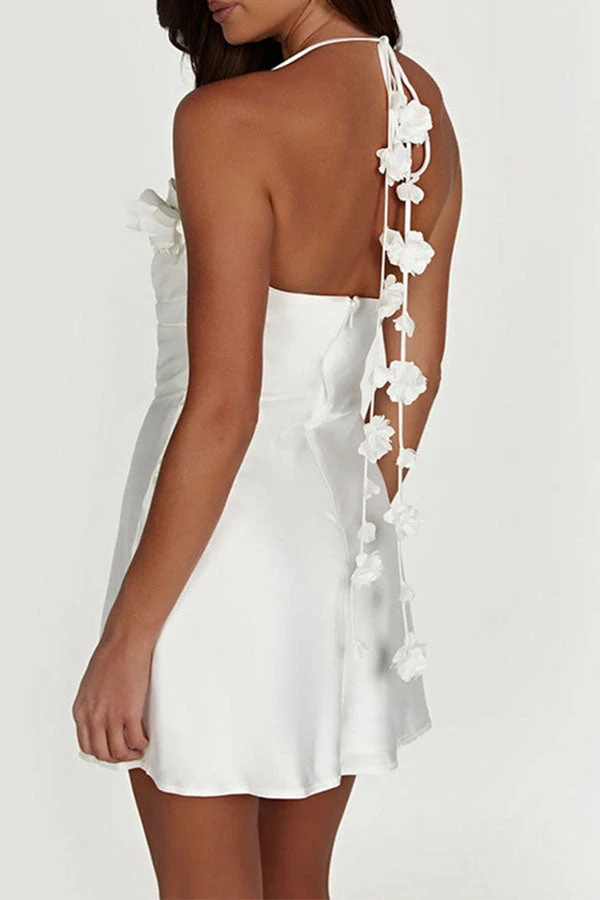 3D Flower Decor Elegant Halter Collar Mini Dress 5 3D Flower Decor Elegant Halter Collar Mini Dress - Image 5