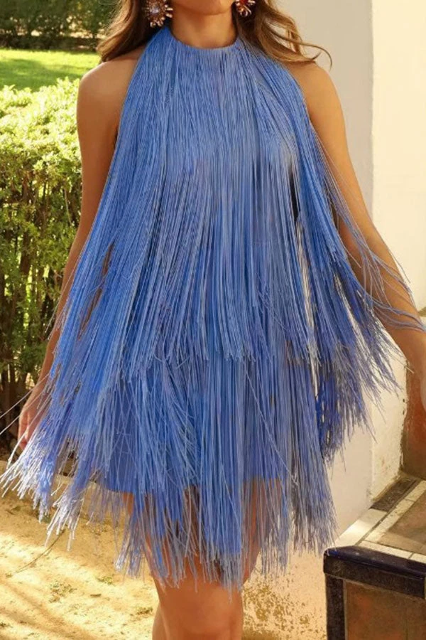 Solid Color Feminine Backless Tassel Mini Dress 1 Solid Color Feminine Backless Tassel Mini Dress