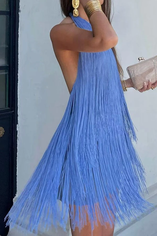 Solid Color Feminine Backless Tassel Mini Dress 4 Solid Color Feminine Backless Tassel Mini Dress - Image 4