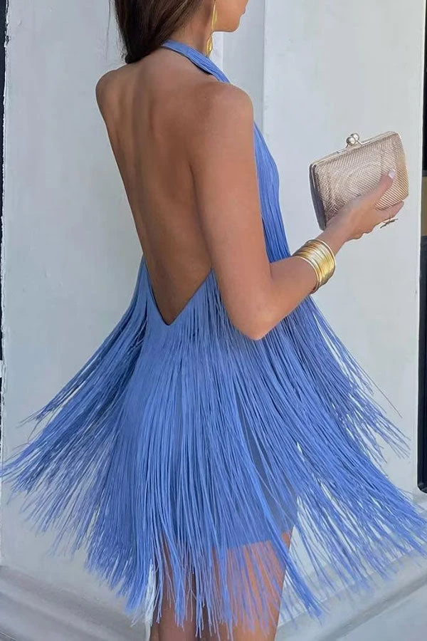 Solid Color Feminine Backless Tassel Mini Dress 5 Solid Color Feminine Backless Tassel Mini Dress - Image 5