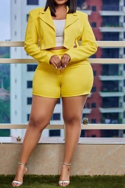 Solid Color Notched Lapel Feminine Pant Suit -Clothing-PrettyTina H23050509 YE 1