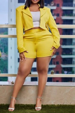 Solid Color Notched Lapel Feminine Pant Suit -Clothing-PrettyTina H23050509 YE 2