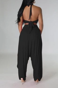 Solid Color Hippy Lace-Up Harem Pant Suit -Clothing-PrettyTina H23050524 BK 2