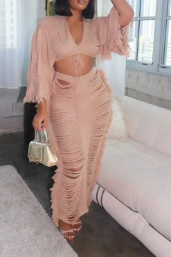 Solid Color Ripped Tassel Bohemia Knitted Skirt Suit Beachwear -Clothing-PrettyTina H23050534 AP 1