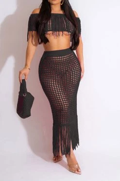 Crochet Hollow-Out On-trend Tassel Skirt Suit Beachwear -Clothing-PrettyTina H23050535 BK 1