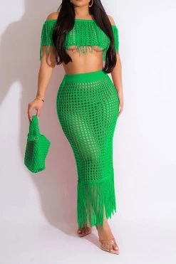 Crochet Hollow-Out On-trend Tassel Skirt Suit Beachwear -Clothing-PrettyTina H23050535 GR 1