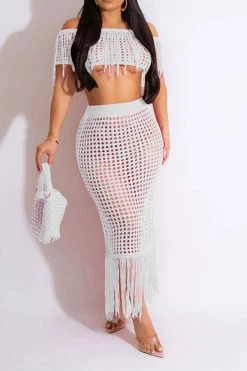 Crochet Hollow-Out On-trend Tassel Skirt Suit Beachwear -Clothing-PrettyTina H23050535 WH 1