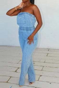Solid Color Stylish Bandeau Denim Jumpsuit -Clothing-PrettyTina H23050543 BL 4