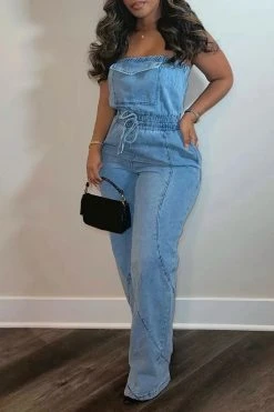 Solid Color Stylish Bandeau Denim Jumpsuit -Clothing-PrettyTina H23050543 BL 7