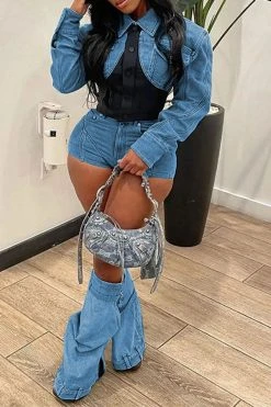 Hit Color Patchwork Stylish Denim Pant Suit
