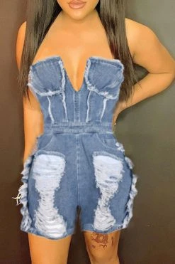 Ripped Burrs Stylish Denim Romper -Clothing-PrettyTina H23051063 BL 3