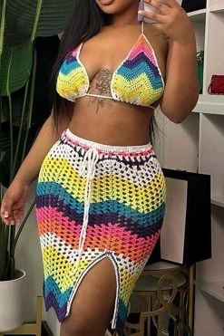 Chevron Colorful Knitted Skirt Suit -Clothing-PrettyTina H23051076 RT 3