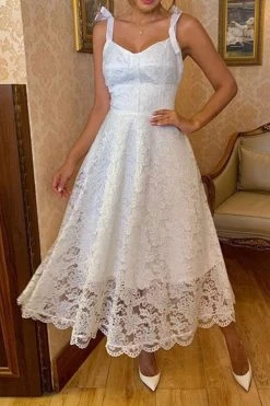 Solid Color Lace Sweet Tie Strap Midi Dress -Clothing-PrettyTina H23051102 WH 3