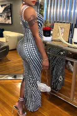 Rhinestone Print Unusual One Shoulder Maxi Dress 5 Rhinestone Print Unusual One Shoulder Maxi Dress -Clothing-PrettyTina H23051134 BK 3