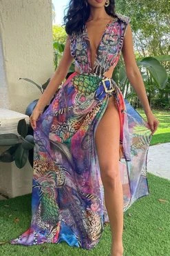 Paisley Print Rhinestone Trim Tropical Backless Three Pieces