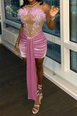 Feather Trim Applique Rocking Ribbons Mini Dress -Clothing-PrettyTina H23051140 PI 3