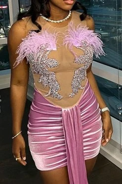 Feather Trim Applique Rocking Ribbons Mini Dress -Clothing-PrettyTina H23051140 PI 4