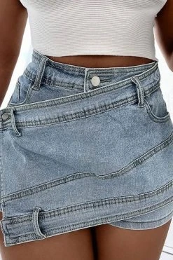 Solid Color Undeniable Irregular Denim Skirt -Clothing-PrettyTina H23051175 BL 3