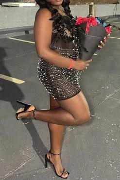 Feather Decor Luxe Rhinestone Mini Dress -Clothing-PrettyTina H23051813 BK 3