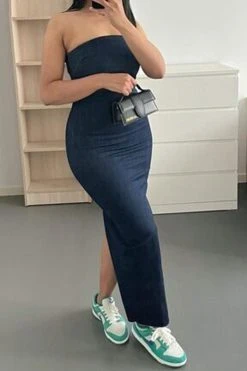 Solid Color Flattering Split Back Denim Midi Dress -Clothing-PrettyTina H23051821 NB 3