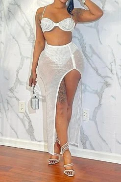 Rhinestone Kitsch See-Through High Split Skirt Suit -Clothing-PrettyTina H23051849 WH 1