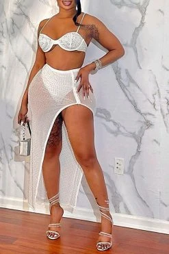 Rhinestone Kitsch See-Through High Split Skirt Suit -Clothing-PrettyTina H23051849 WH 2