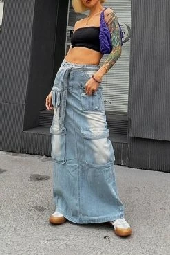 Gradient Punk Multi Pocket Belted Denim Skirt -Clothing-PrettyTina H23051917 BL 3