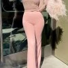 Sequined & Feather Decor Elegant Belted Jumpsuit