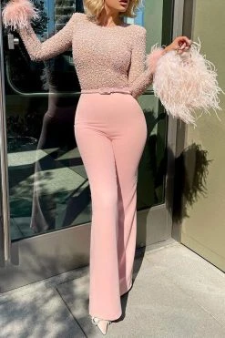 Sequined & Feather Decor Elegant Belted Jumpsuit