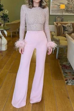 Sequined & Feather Decor Elegant Belted Jumpsuit -Clothing-PrettyTina H23060261 PI 3