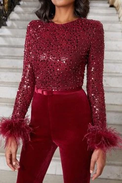 Sequined & Feather Decor Elegant Belted Jumpsuit -Clothing-PrettyTina H23060261 WR 1