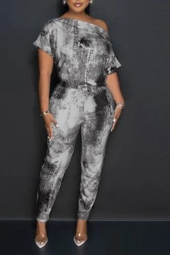 Denim Print Smart Drawstring Jumpsuit -Clothing-PrettyTina H23060263 BK 2