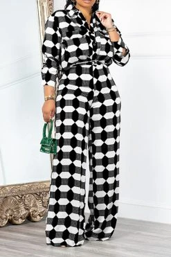 Geometric Print Commuting Pocket Pant Suit -Clothing-PrettyTina H23060276 BK 1