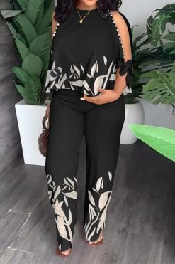 Leaf Print Elegant Beaded Decor Pant Suit -Clothing-PrettyTina H23060277 BK 1