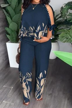 Leaf Print Elegant Beaded Decor Pant Suit -Clothing-PrettyTina H23060277 BL 1