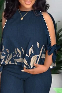 Leaf Print Elegant Beaded Decor Pant Suit -Clothing-PrettyTina H23060277 BL 2