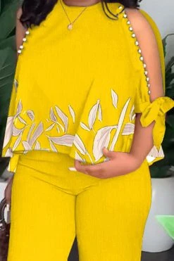 Leaf Print Elegant Beaded Decor Pant Suit -Clothing-PrettyTina H23060277 YE 2